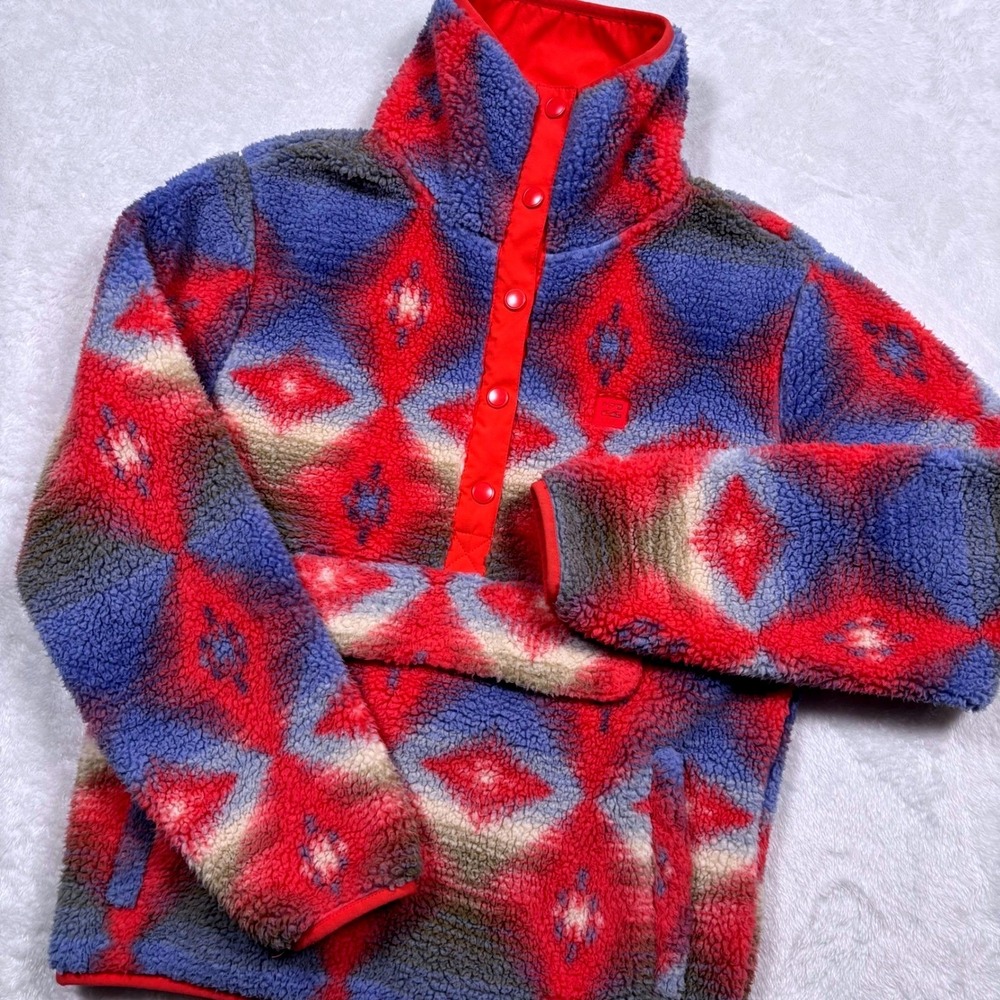 Billabong Adventure Deep Pile Fleece Pullover Women S Red Blue Southwest Aztec
